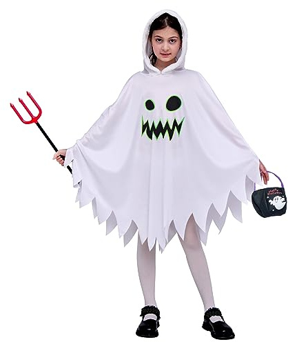Costume di Halloween da Fantasma Bianco per Bambini con Sacchetto di Zucca Bagliore nel Buio 4-6 anni
