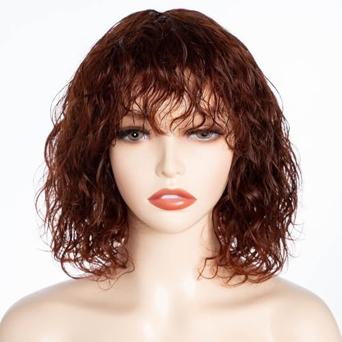 FASHION IDOL Bob Lockiges Echthaar Perücke für Schwarze Frauen 25 CM Brasilianisches Reines Echthaar Kurze Tiefwassergewellte Perücke mit Pony 150% Dichte (10 Inches, Rotbraun)