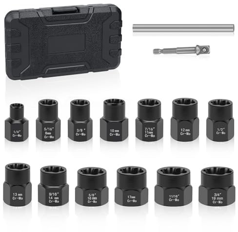 Lytool 14PCS Jeu de Douilles Spiralées/Extracteur de Vis 3/8,Extracteurs de Boulons et Écrous à Impact 6.35-19mm,Douille Extracteurs de Boulons/Écrousl,Extracteur d'Ecrou Endommagés,Outils de Retrait