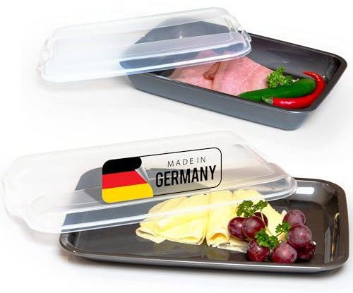 Novaliv Sparset 1x flach 1x hoch Anthrazit Premium Aufschnittbox mit Transparentem Deckel, Frischhaltedosen für Wurst & Käse Maße 25x17x3 cm 25x17x5 cm Kühlschrank Organizer Knäckebrotbox must-have