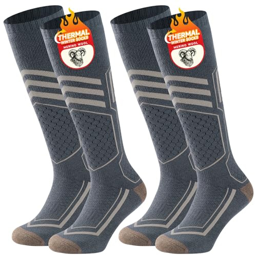 TANSTC Merino Sneaker Socken Herren 43-46, Winter Dicke Thermosocken Wandersocken Damen, Merinowolle Skisocken Kompressionsstrümpfe Für Skifahren Outdoor Wintersport, Skifahren Geschenke, Grau 2 Paar