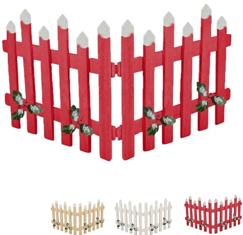 Virsus Staccionata in Legno per Albero di Natale, misura 90x30 cm, Recinzione con punte Innevata e Agrifoglio, Recinto con 2 sezioni pieghevoli, Decorazioni Natalizie -5542 (Rosso)