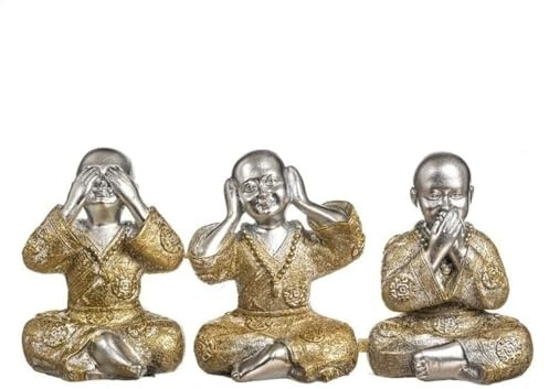 LEKE GO Set 3 Figuritas de Buda Suerte Poliresina Decoracion Dorado y Plateado 10 cm (Ver, Oir, Callar) (Dorado)