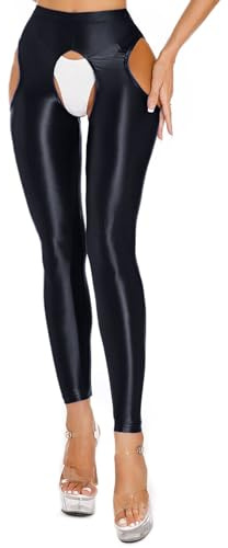 Aislor Lucido Collant Cavallo Aperto Donna Leggins Sportivi Calze Olio Lucidissimi Pantaloni per Yoga Fitness Allenamento Pantacollant Opaco Stockings Nightwear