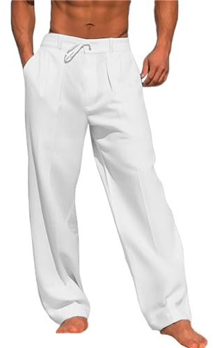 NIBESSER Pantalon Lino Hombre Verano Elegantes Casual Pantalon Anchos Hombre de Lino y Algodón Transpirables Cómodos con Cordón Bolsillos Laterales para Vacaciones Playa, Blanco, S