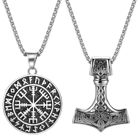 OIDEA Collar Brújula Martillo Vikingo: Juego de Colgante Nudo Celta Runas Vintage Plata para Hombre de Acero Inoxidable Amuleto Hipoalergénico Antialérgico - Para Uso Diario Fiestas Regalo