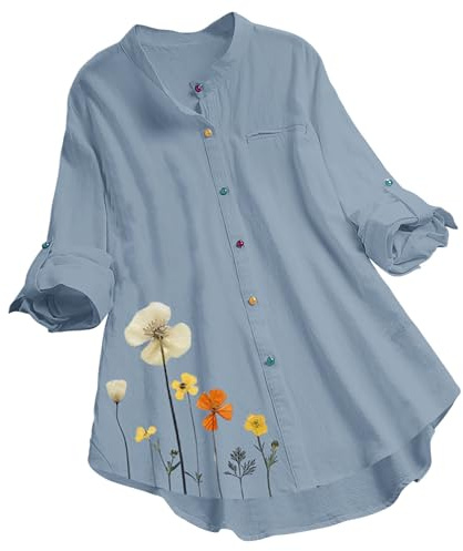Camisa de Manga Larga Mujer Lino Moda Estampado de Flores Camiseta Blusa Elegante Verano Suelto Casual Cuello en V Tops Fiesta T-Shirt Original Basic tee Talla Grande Transpirable Ligero 2024