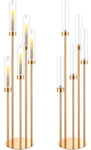 Tessco for you Kerzenständer mit 5 Armen, für Tische, 107 cm hoch, Kerzenständer aus Metall mit Acryl-Lampenschirm für Hochzeit, Urlaub, Geburtstag, Party-Dekoration (Gold, 2er-Set)