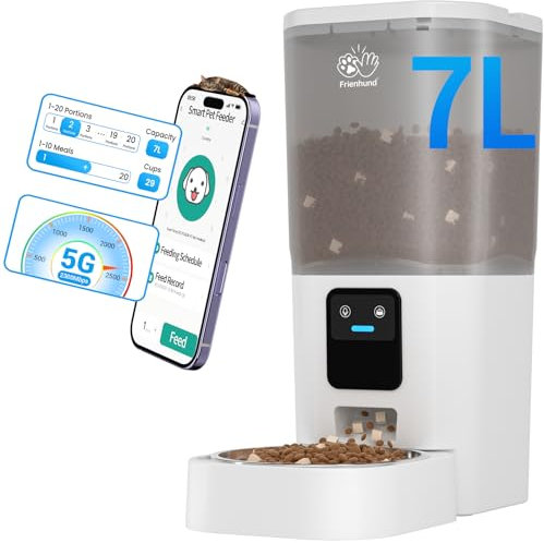 Frienhund 5G WiFi Automatic Cat Feeder with Slow Feed: 7L Automatic Dog Feeder with Smart APP Control, Auto Cat Food Dispenser with Alexa for Multiple Pets, Detachable for Easy Cleaning