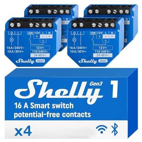 Shelly 1 Gen3 – Smart hem W-Fi-strömbrytare med Torrkontakt, 1 kanal - 16 A, Fjärrkontroll för garagedörr, Alexa & Google Home-kompatibel, Ingen hubb krävs, Shelly-app – 4 Stycken