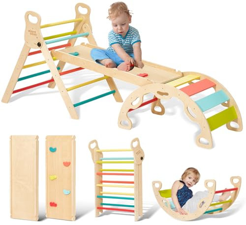 Giant bean 5-in-1 Montessori Kletterdreieck mit Kletterbogen und Rutsche, Holzdreieck für Kleinkinder ab 2-5, Indoor Kletterspielzeug, Regenbogen mit Griff (M)