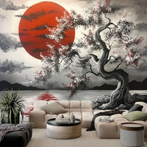 Japanische Fototapete 350x256cm XXL Wohnzimmer Schlafzimmer Wanddeko, Grau-Rot-Weiß Vlies Wandtapete Bonsai-Baum und roter Sonne Poster Deko - Korridor TV-Hintergrundwand Asiatisches Naturmotiv Tapete