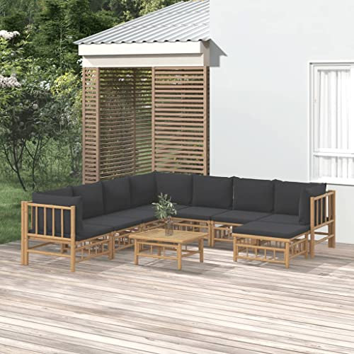 KATERYY 9-TLG. Garten-Lounge-Set mit Dunkelgrauen Kissen Bambus,BambusGartenloungeSet mit modularem Aufbau für hohen Komfort im Außenbereich