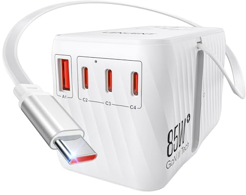 LENCENT Adaptador Universal 85W con Cable Retráctil USB C | Enchufe Internacional Tecnología GAN 3 Puertos Tipo-C y USB-A para Carga Rápida, Cargador Viaje para EU a UK, AUS, US, Blanco