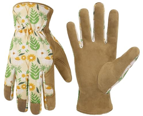 HANDLANDY Damen-Gartenhandschuhe, Leder, Sicherheits-Arbeitshandschuhe, atmungsaktiv, Damen-Gartenhandschuhe, bestes Geschenk für Gärtner, Khaki-Blumendruck, Größe M
