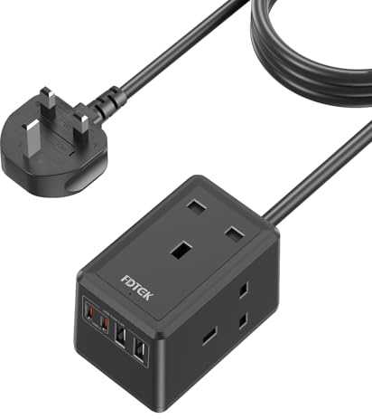 Extension Lead 3M with USB Slots, FDTEK Cube Extension Socket with 3 AC Outlets and 4 USB Ports, Small Wall Mountable Power Strip with 3 Metre Extension Cable for Travel Home Office-Black