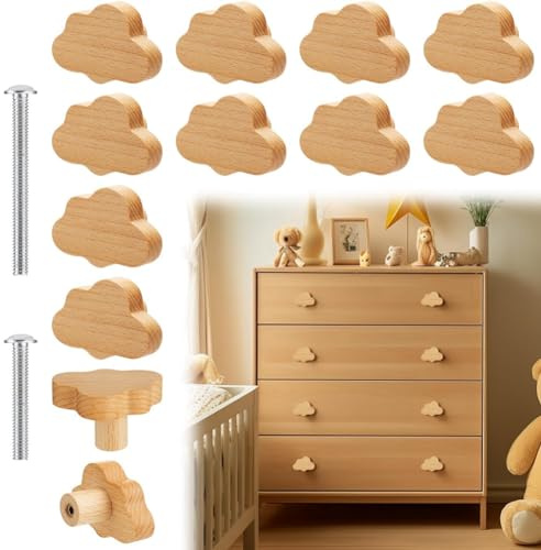 Kopinma Boho Kommodenknöpfe, 12 Pack Langlebige Schubladenknöpfe Aus Buchenholz, Wolkenförmige Kommodengriffe Aus, Holzknöpfe Möbelknöpfe, Schrankknöpfe für Kinderzimmer und Möbel