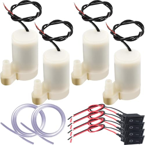 JYUDAUFU 4 Pcs DC 3-5V Vertical Water Pump Mini Electric Micro Submersible Motor with Flexible Water Pipe(1M), Switch, for Aquariums/Fish Tank/Pond Fountain/Hydroponics Garden (4 White)
