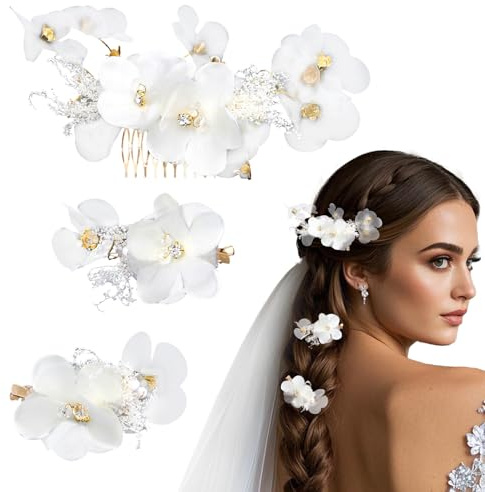 Axvxby Lot de 3 accessoires de cheveux pour mariage - Fleurs - Bijoux de mariage - Peigne à cheveux blanc et pince à cheveux