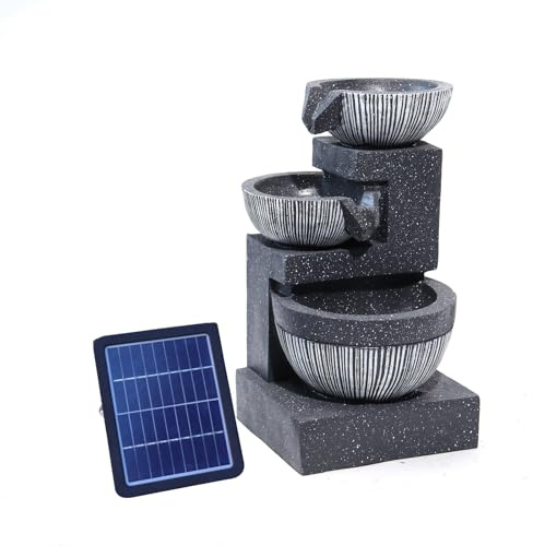Warmiehomy Solar Water Fountain, 3 Tier Solar Water Feature, Waterfall with Solar Powered Pump and LED Lights for Outdoor, Garden Fountains and Water Features, Height 46.5CM, Grey