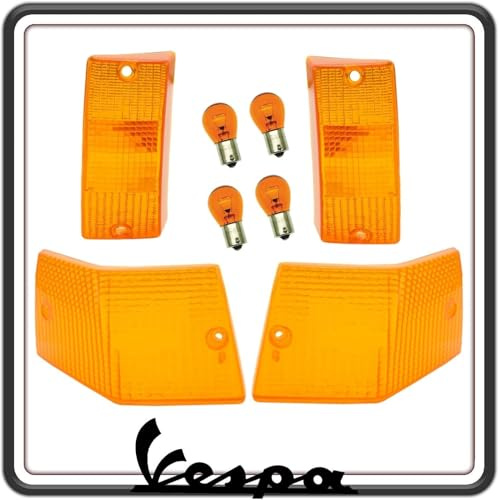 GSC RICAMBI SRL KIT COPPIA SET 4 GEMME GEMMA PLASTICA PLASTICHE VETRINO FRECCIA ANTERIORI E POSTERIORI ARANCIO COMPLETO DI LAMPADINE PER VESPA PX 125 150 200 - VESPA ARCOBALENO - VESPA LML.