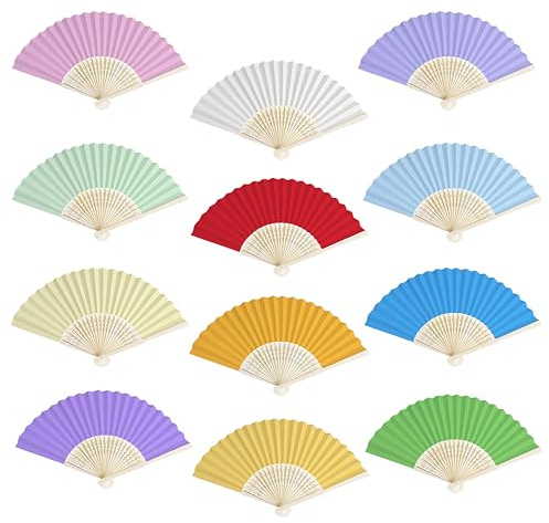 Éventail à Main Multicolore Éventail en Papier Ventilateurs Pliants en Bambou pour Mariage Bricolage Faveurs Fête d'anniversaire Party Décoration DIY Enfants Cadeaux 12 Pièces
