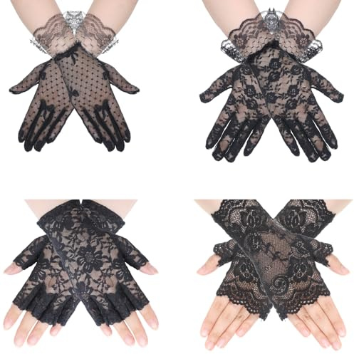 Piriuuo 4 Pairs Black Lace Gloves for Women, Fingerless Lace Gloves Elegant Tea Party Glove Short Laces Glove for Evening Party Wedding Opera Halloween Costume Accessories