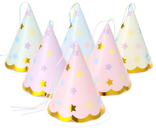 AmazingSpark 24 Pcs Pastel Party Hats Paper Cone Birthday Hats with Hot Stamping Pentagram and Ribbon Mini Party Headwear for Birthday, Baby Shower, Bridal Shower Decorations