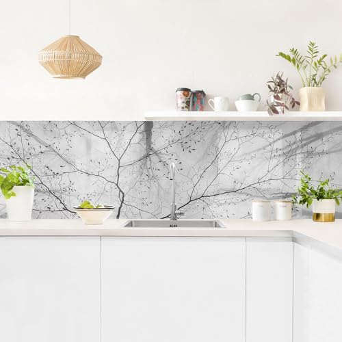 micasia Crédence de cuisine adhésive imperméable forêt sans joint revêtement mural avec motif film rigide mat noir et blanc fond de hotte motif 1712 (245x70cm)