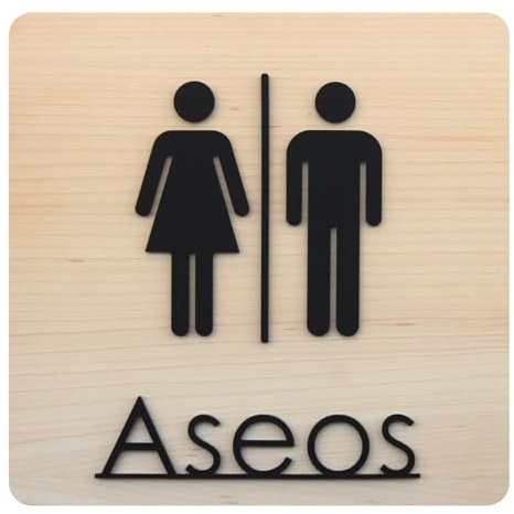 Cartel para Baños/ASEOS/WC Hombre y Mujer en Madera con Letras de Metacrilato Negro Mate - Instalación Fácil con Cinta Adhesiva