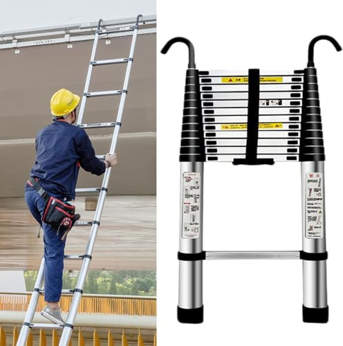 Heavy Duty Telescopic Ladder 8m/26ftFolding Aluminium Extension Ladder with Hooks Adjustable 7m/6m/5m/4m/3.5m/2.7mPortable Lightweight Safe & for Home & Professional Use