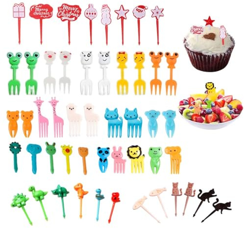 HABNI 50 Piezas Finger Food Kids Mini Cartoon Bento Frutas Tenedores Palillos Comida Niños Cake Picks Accesorios Pinchos Dulces Adultos Postre Fruta Niños Christmas Party