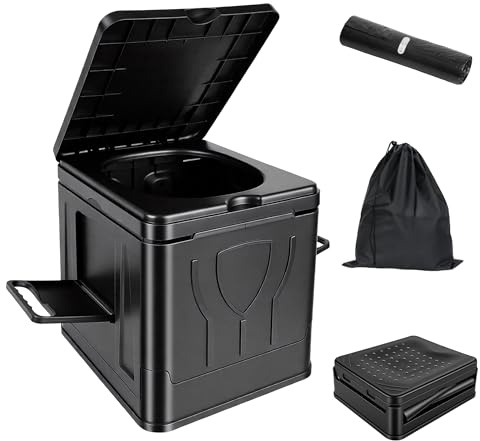 Camping Portable Toilet for Adults, Collapsible Outdoor Toilet with Lid & Paper Holder, Portable Restroom for Car, Truck, RV, Beach, Hiking, Camping, Outdoor & Emergency Use, Supports 330 LBS