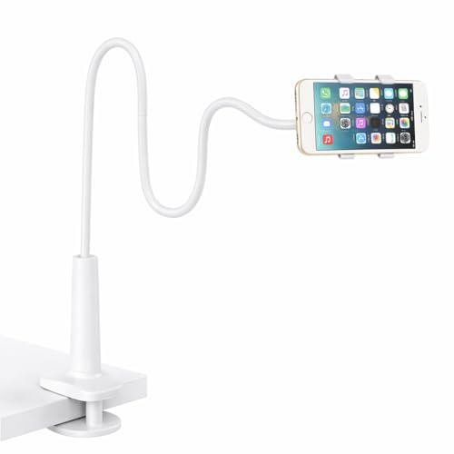 Horktrust Support Téléphone Lit Col de Cygne 75cm – Support Smartphone Flexible avec Pince, Bras Long 360° Réglable, Support Téléphone Universel Mains Libres pour Lit, Bureau et Canapé, Blanc