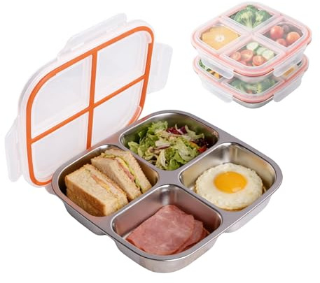 Trukafie 2 cajas de aperitivos con compartimentos, caja de aperitivos de acero inoxidable, platos reutilizables con tapa, caja bento para niños y adultos, caja de aperitivos para escuela, trabajo