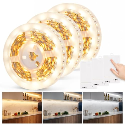 StarryEver LED Streifen Batterie 3 Stück, Warmweiss und Kaltweiß 1M Lichtband LED Selbstklebend mit Druckschalter, LED Leiste Küche, PCB SMD LED Band für TV Schränke Betten Wohnzimmer Waschküche