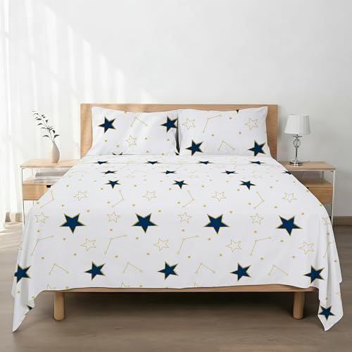 H HANSEL HOME Juego de Sábanas de Microfibra Cepillada, Sábana Bajera Ajustable Altura 30 cm, Encimera y Fundas de Almohada, para Cama 150cm, 4 Piezas 150x190/200cm - Estrellas