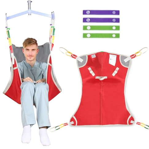 EZ Assistive Full Body Hoist Sling with Head Support - 3-Layer Padded Transfer Sling for Elderly & Mobility Assistance, 230kg/500lbs Capacity (Red and Gray, Large)