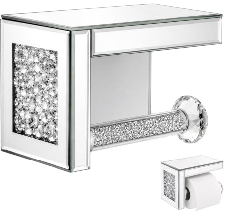 Crystal Crush Toilet Roll Holder, Wall Mounted Silver Tissue Holder with Mirrored Shelf for Bathroom