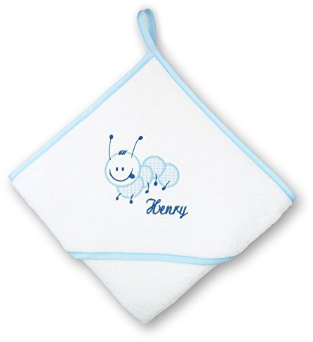 Stickerei Hartl Badekapuzentuch Raupe (Hellblau) Bestickt mit Name, Baby Badehandtuch mit Kapuze personalisiert, 100% Baumwoll-Frottier, Kinder Kapuzenhandtuch mit Text, Warm und kuschelig!