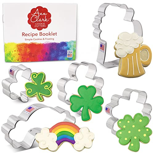 Ann Clark St. Patrick’s Day 5-Pc. Cookie Cutter Set, Made in USA, Small Shamrock, Large Shamrock, Four Leaf Clover, Beer Mug, Rainbow