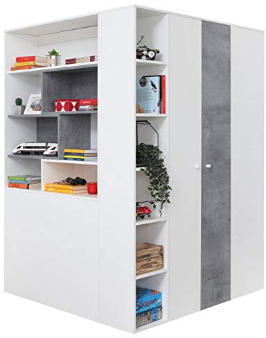 Furniture24 Eckkleiderschrank Sigma SI - 1 Garderobenschrank, Schrank, Garderobe, Begehbarer Kleiderschrank mit Beleuchtung, Kleiderstange und Schubladen (Weiß Lux/Beton)