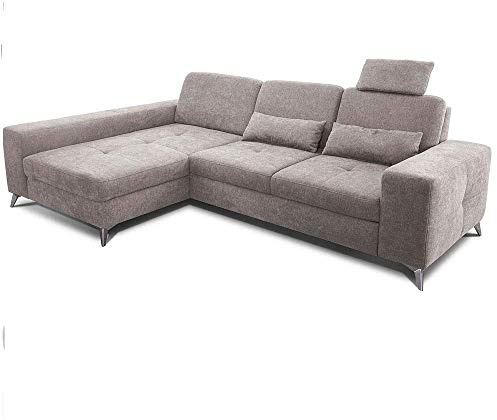 CAVADORE Ecksofa Bali / Trendige Sofaecke mit Longchair links & Federkern / Inkl. Sitztiefenverstellung, Kopfstütze & Nierenkissen / 286 x 92 x 176 / Flachgewebe: Beigegrau