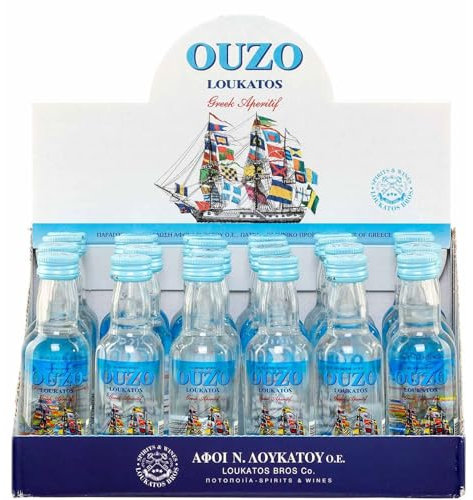 Ouzo Loukatos 24x 50ml Packung 38% Vol. | Milder Ouzo aus Patras | Ouzo Party Box