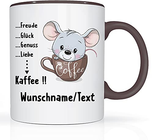 Print-Klex Tasse mit Namen und Kaffee/Maus Motiv Bedruckt Namentasse Namensbecher mit süßem Kaffee-Maus Motiv Geschenktasse Weiß/Schwarz Kaffeebecher Spruchtasse Keramik mit Druck 330ml Tasse mit Text