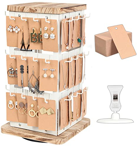 J JACKCUBE DESIGN 3-stöckiger Ohrringhalter aus Metall, 360 Grad drehbar, Weiß, Schmuckständer, Vintage-Bauernhaus-Stil, Ständer für Halsketten, Piercings mit 48 Haken und Holzablage -MK1073B