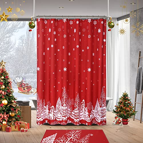 CAROMIO Rideau de douche imperméable avec motif arbre de Noël et neige - 89 x 183 cm - Rouge