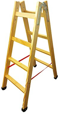 Stufenstehleiter Holz - 2 x 4 Sprossen, mit Eimerhaken - Traglast 150kg - Klassische robuste Holzstehleiter mit 2 rutschfesten Stufen und 2 Sprossen aus Buchenholz