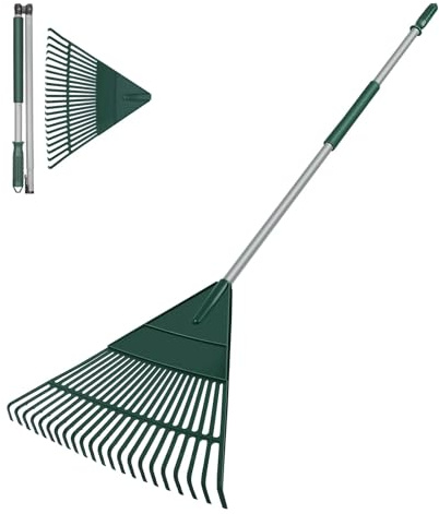 Garden Leaf Rake, 60 Garden Rakes with Foldable Lightweight Steel Handle, 22 Tines Plastic Head Shrub Rake, Folding Yard Garden Rake for Lawns, Grass, Flower Beds Leaves Cleaning, Silver & Green