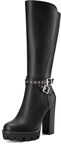Castamere Femmes Bloc Chunky Haut High Talon Heel Fermé Rond Bout Mi Mollet Fermeture à Glissière Boucle Bureau Classique Bottes Noir 38 EU